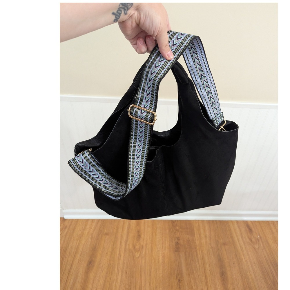 Ah Dorned 2-in-1 Hobo Shoulder Bag Womens Large Black Suede‎ Guitar Strap Artsy